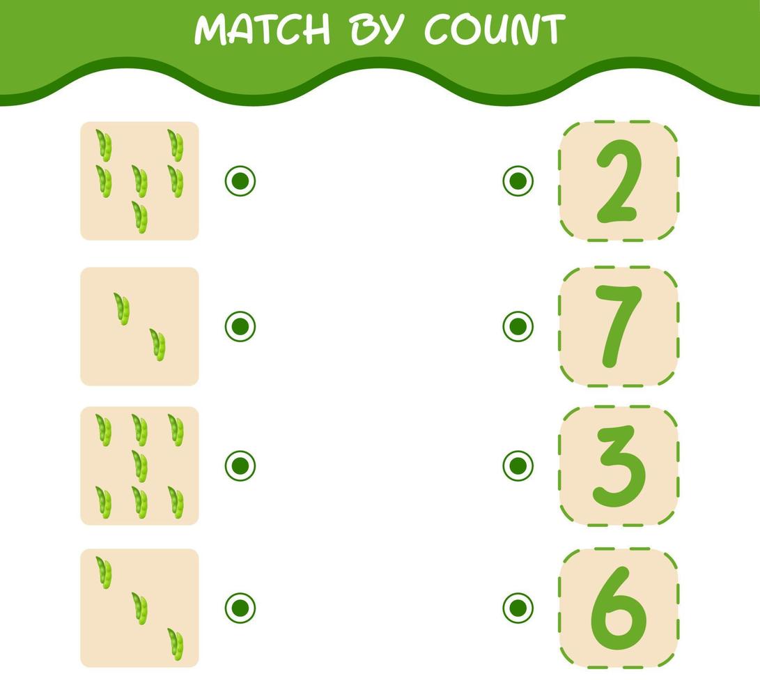 Match by count of cartoon edamame. Match and count game. Educational game for pre shool years kids and toddlers vector