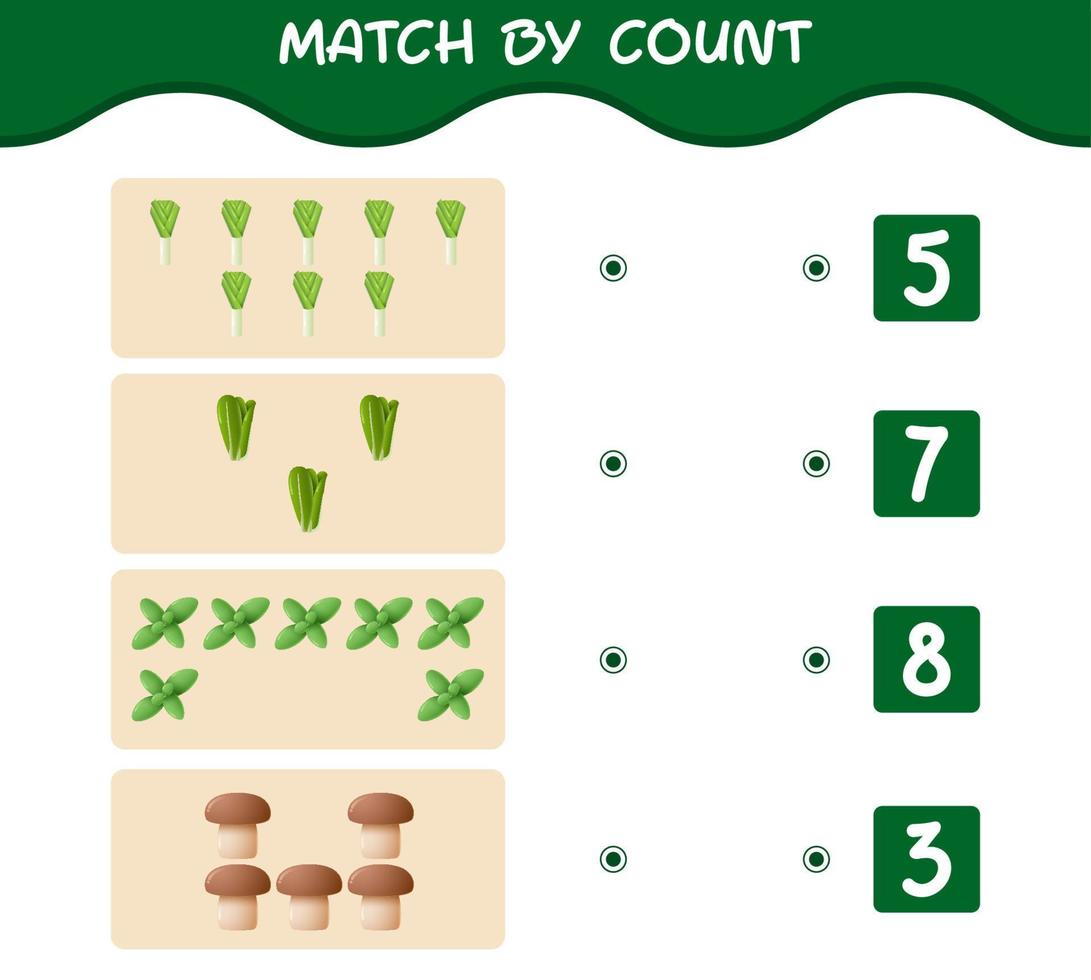 Match by count of cartoon vegetables. Match and count game. Educational game for pre shool years kids and toddlers vector