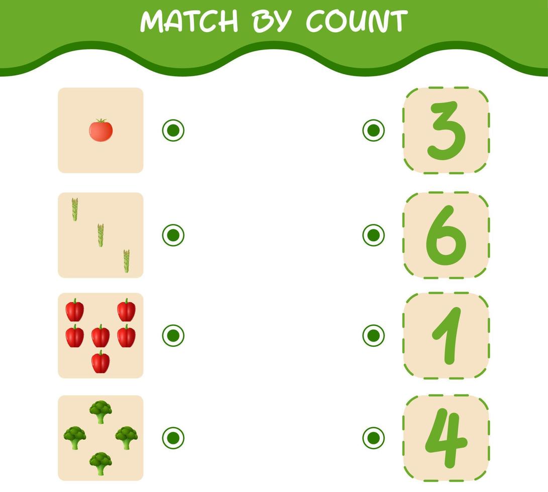 Match by count of cartoon vegetables. Match and count game. Educational game for pre shool years kids and toddlers vector