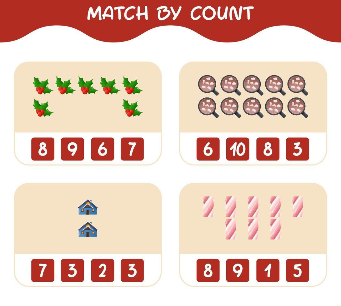 Match by count of cartoon christmas. . Match and count game. Educational game for pre shool years kids and toddlers vector