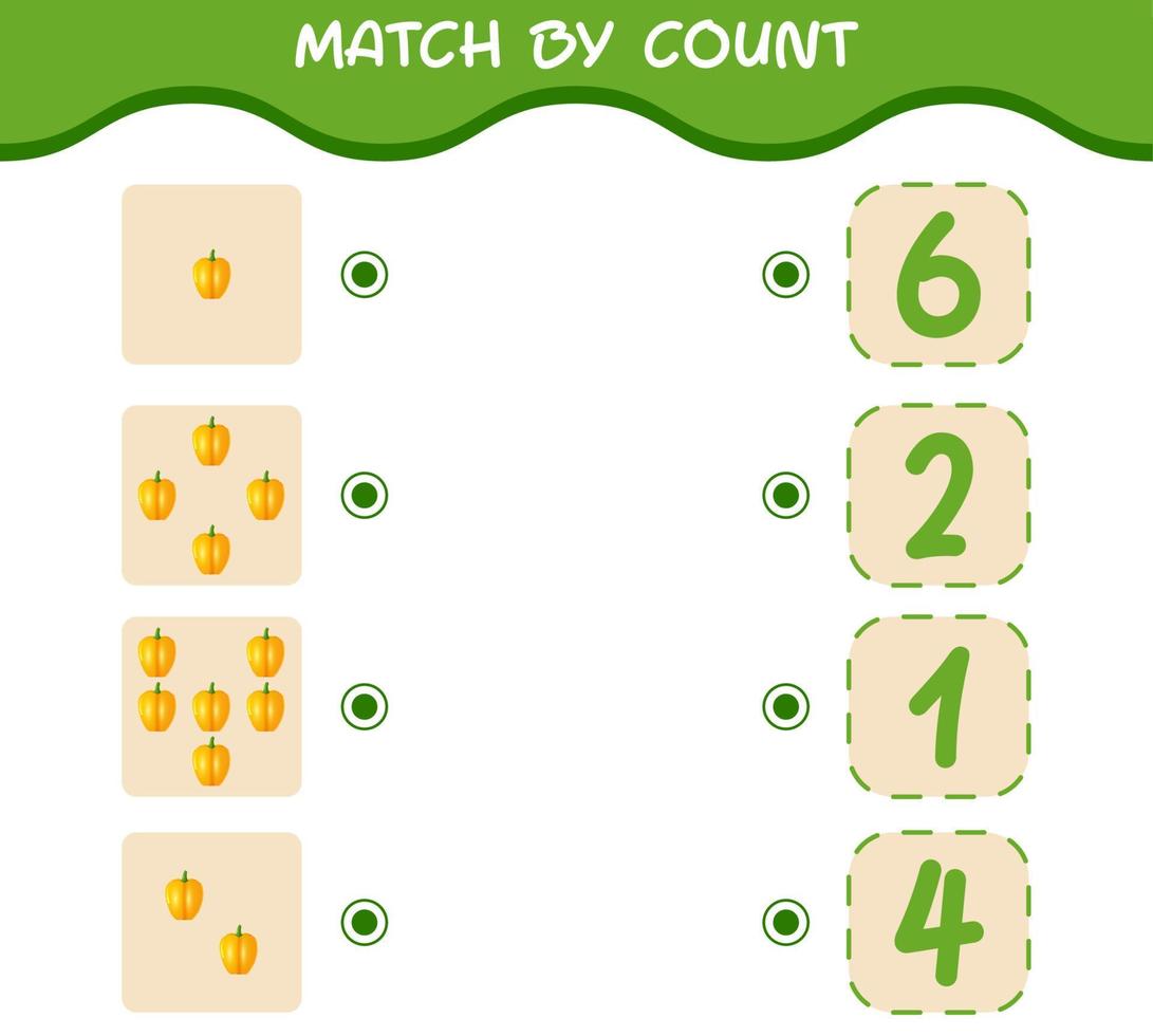 Match by count of cartoon bell pepper. Match and count game. Educational game for pre shool years kids and toddlers vector