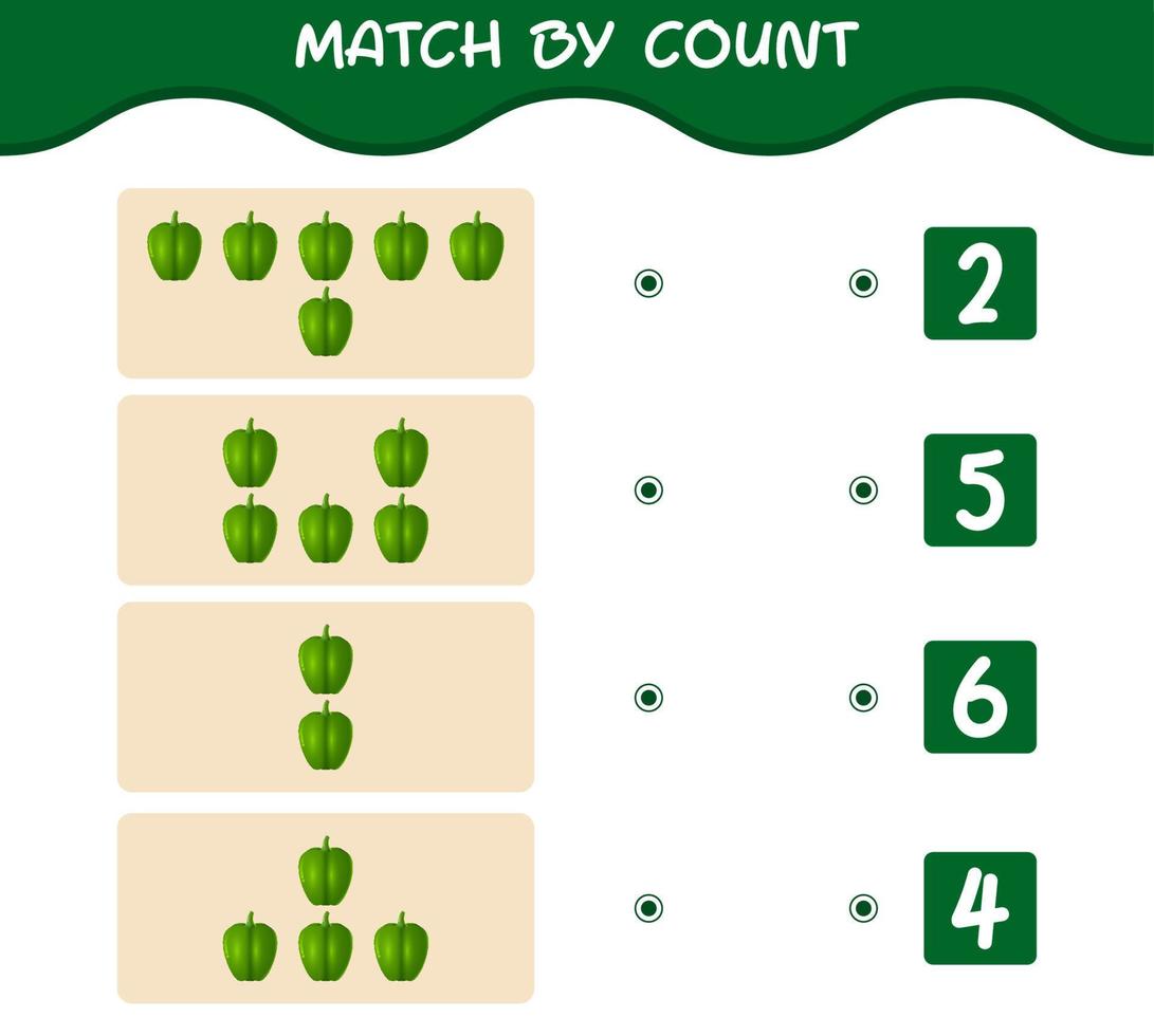 Match by count of cartoon bell pepper. Match and count game. Educational game for pre shool years kids and toddlers vector