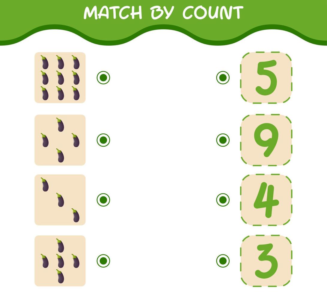 Match by count of cartoon eggplant. Match and count game. Educational game for pre shool years kids and toddlers vector