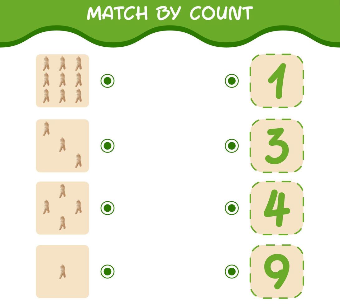 Match by count of cartoon ginseng. Match and count game. Educational game for pre shool years kids and toddlers vector