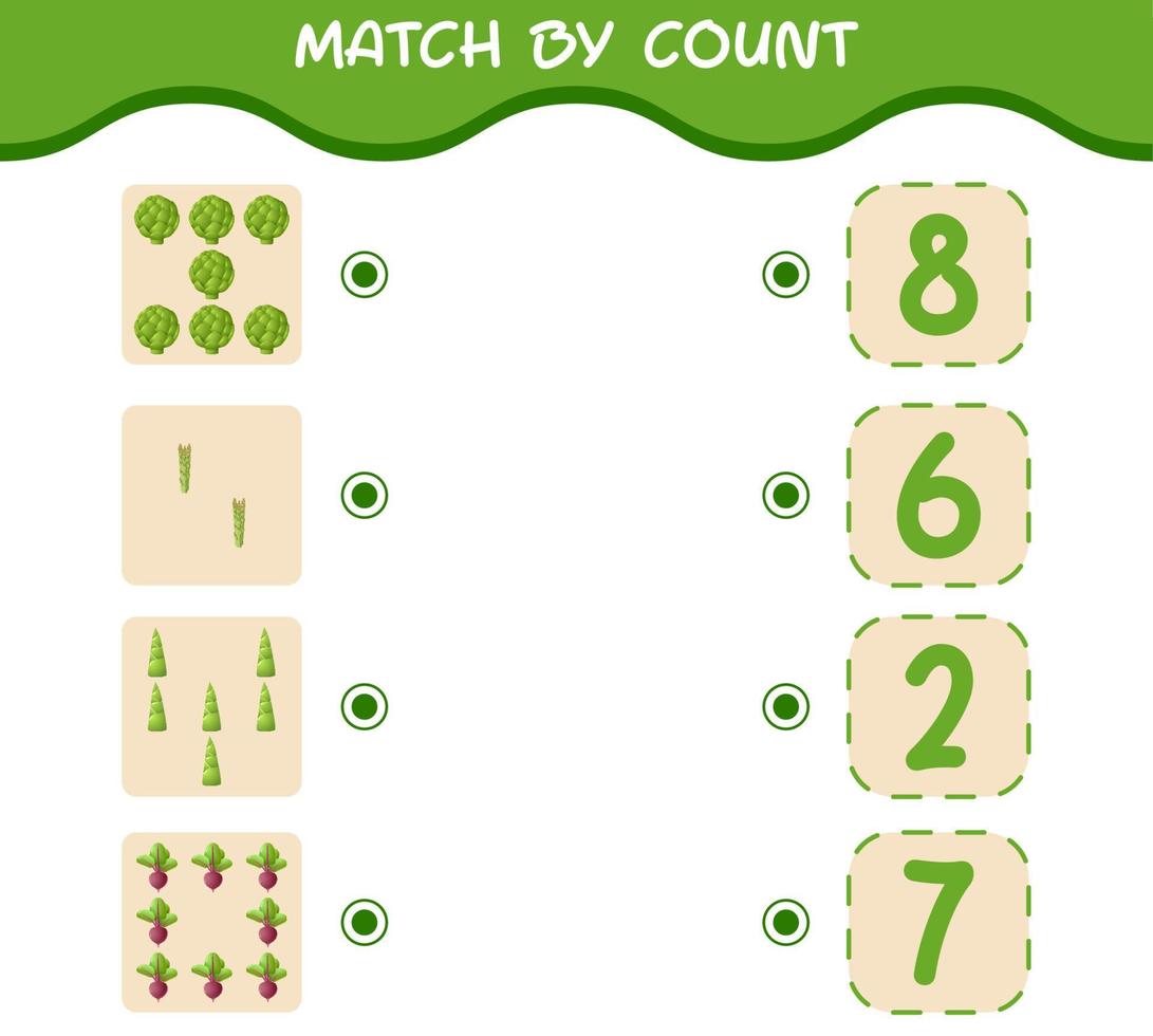Match by count of cartoon vegetables. Match and count game. Educational game for pre shool years kids and toddlers vector