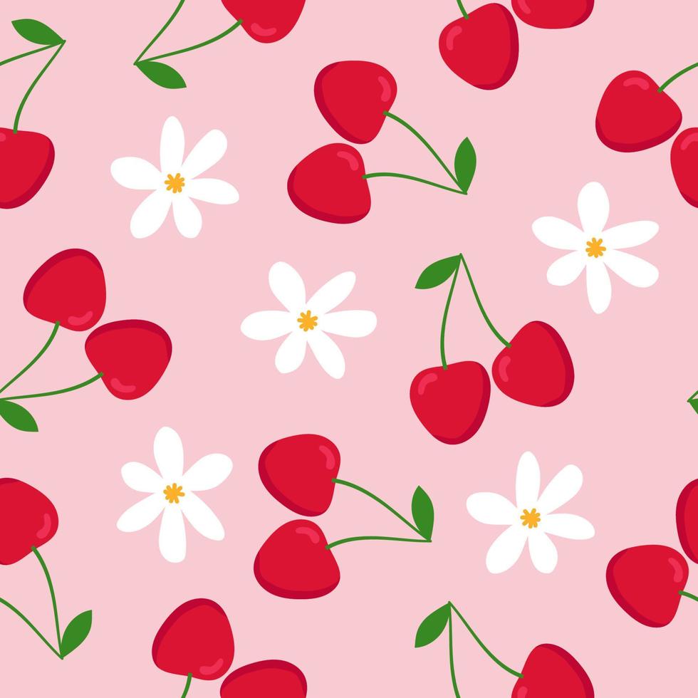 patrón sin costuras de cereza. cerezas rojas con hojas verdes y flores blancas sobre fondo rosa. diseño plano. vector