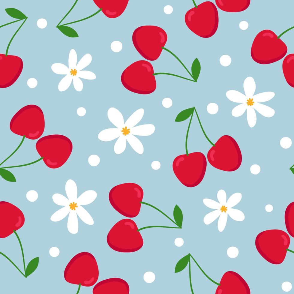 Cherry seamless pattern. Red cherries with green leaves and white flowers on blue background. Flat design. vector