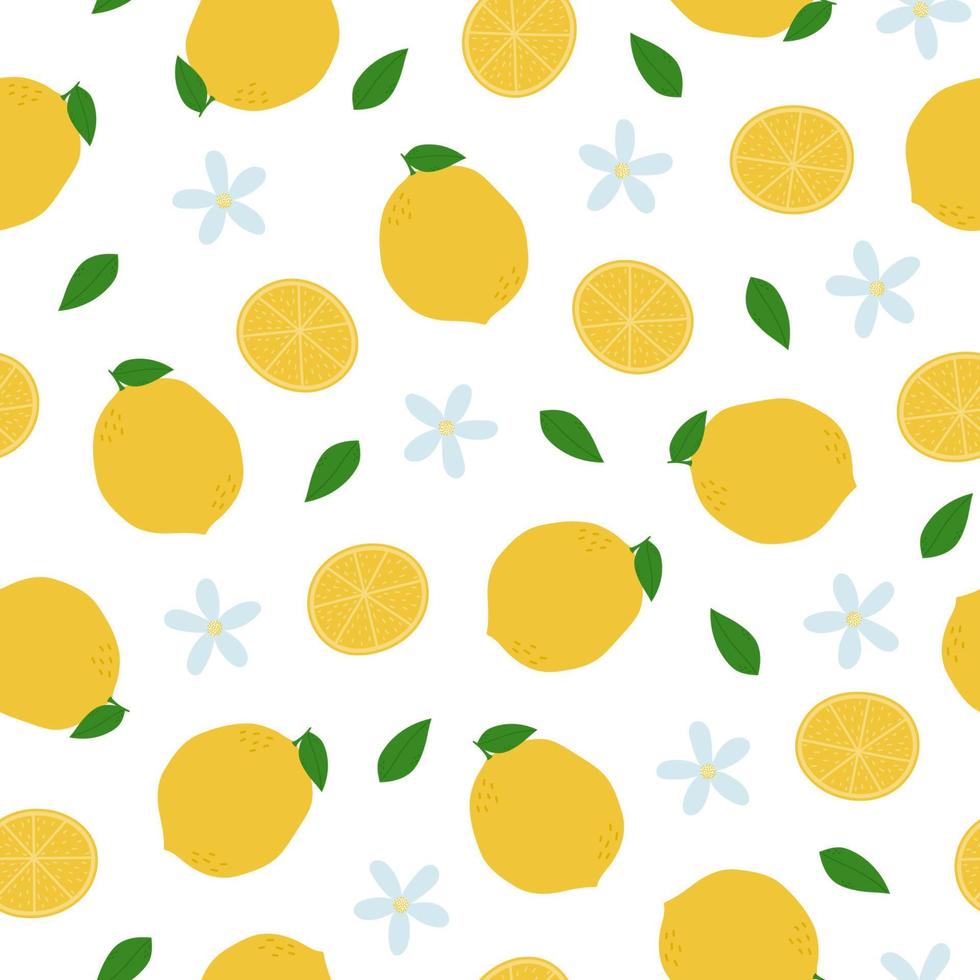 Lemon seamless pattern. Whole lemons, slices, leaves and flowers on white background vector