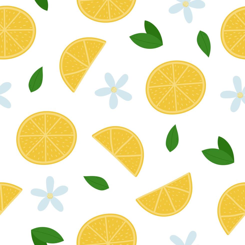 Lemon seamless pattern. Lemon slices, leaves and flowers on white background vector