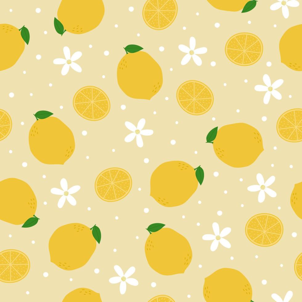 Lemon seamless pattern. Whole lemons, slices, leaves and flowers on beige background vector
