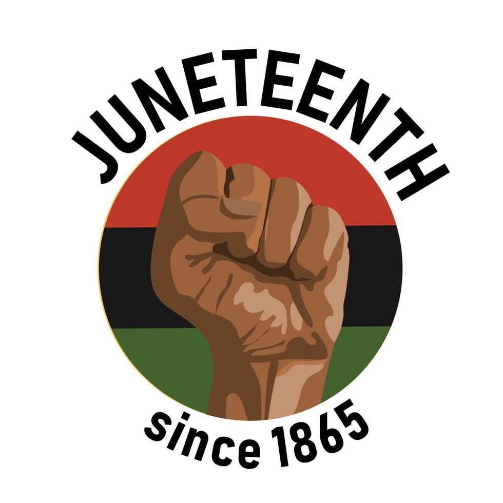 Raised hand of African American with clenched fist on Pan African Flag background, round badge stamp pin design. Juneteenth social media post, greeting card template vector