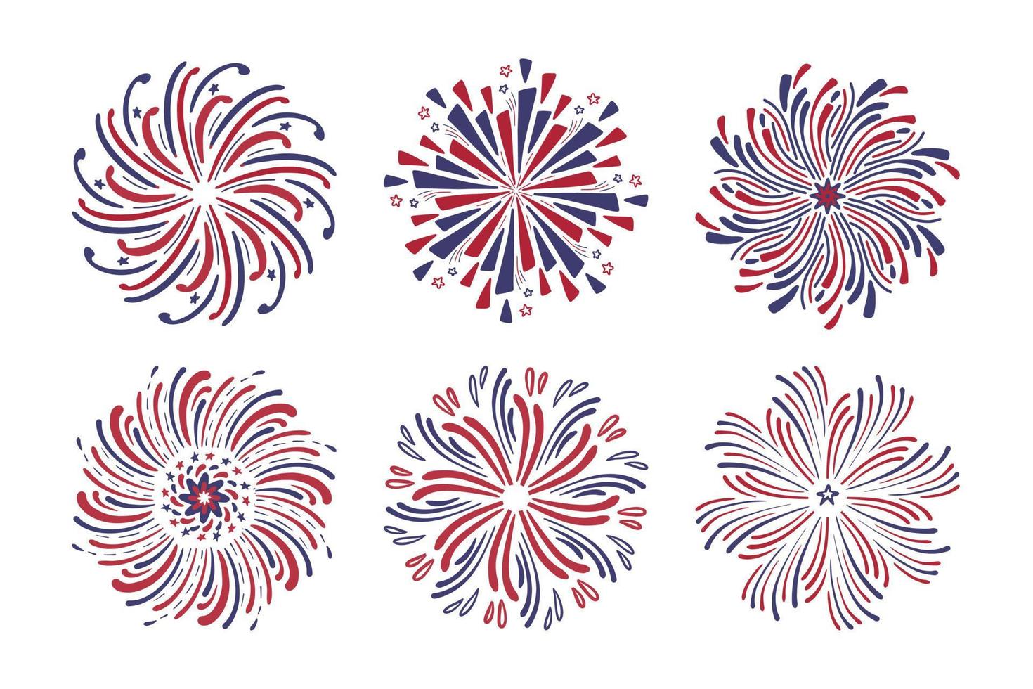 juego de fuegos artificiales dibujados a mano, color rojo y azul de la bandera americana para el 4 de julio. explosiones de fuegos artificiales del festival. colección de vectores de elementos de diseño aislada sobre fondo blanco.