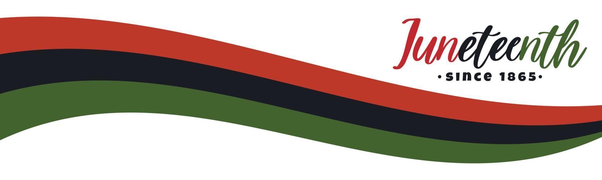 Juneteenth, since 1865 text lettering logo. Horizontal banner design with Pan African, Black Liberation flag with red, black, green stripes.. Vector illustration isolated on white background,