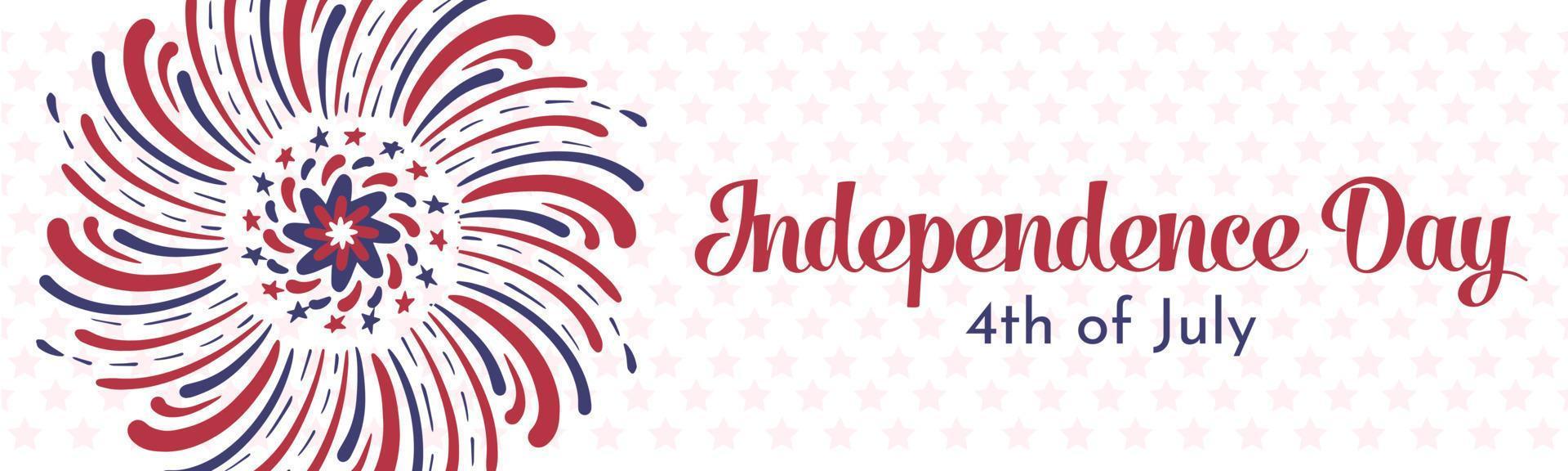 Banner for 4th of July, Independence Day.  Artistic hand drawn fireworks with american flag red and blue lines and stars. Long horizontal vector banner template design.