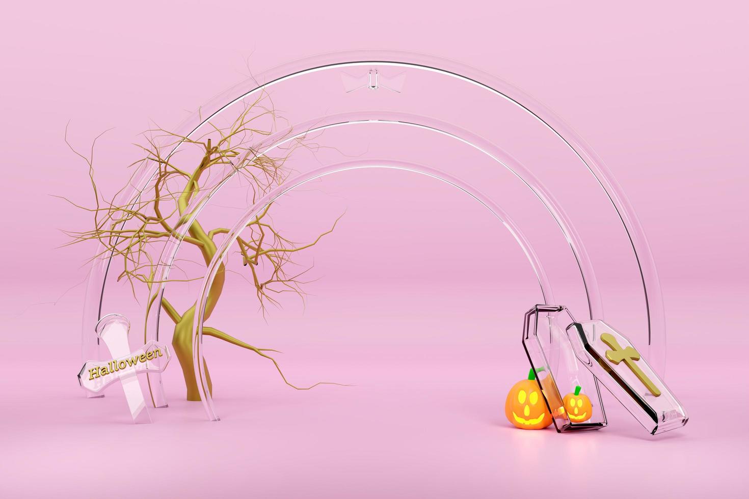 candle light in pumpkin with transparent glass coffin and geometric shapes for happy halloween ,Concept 3d illustration or 3d render photo