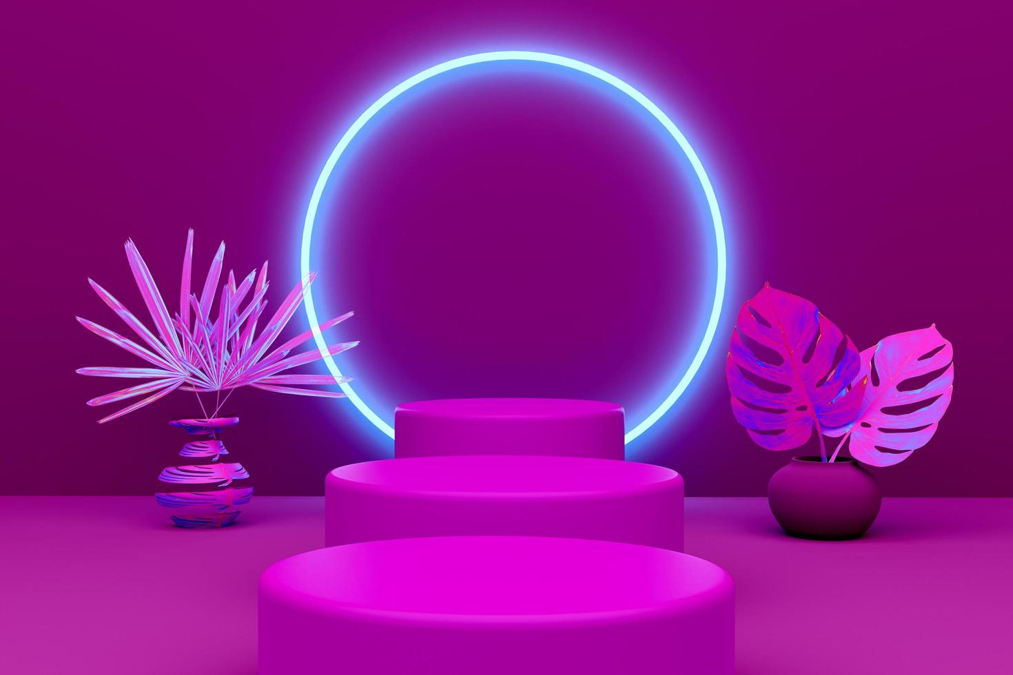 Podium with geometric shapes empty in purple or violet composition for modern stage display and minimalist mockup ,abstract showcase background ,Concept 3d illustration or 3d render photo