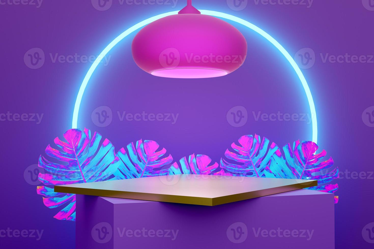 Podium with geometric shapes empty in purple or violet composition for modern stage display and minimalist mockup ,abstract showcase background ,Concept 3d illustration or 3d render photo