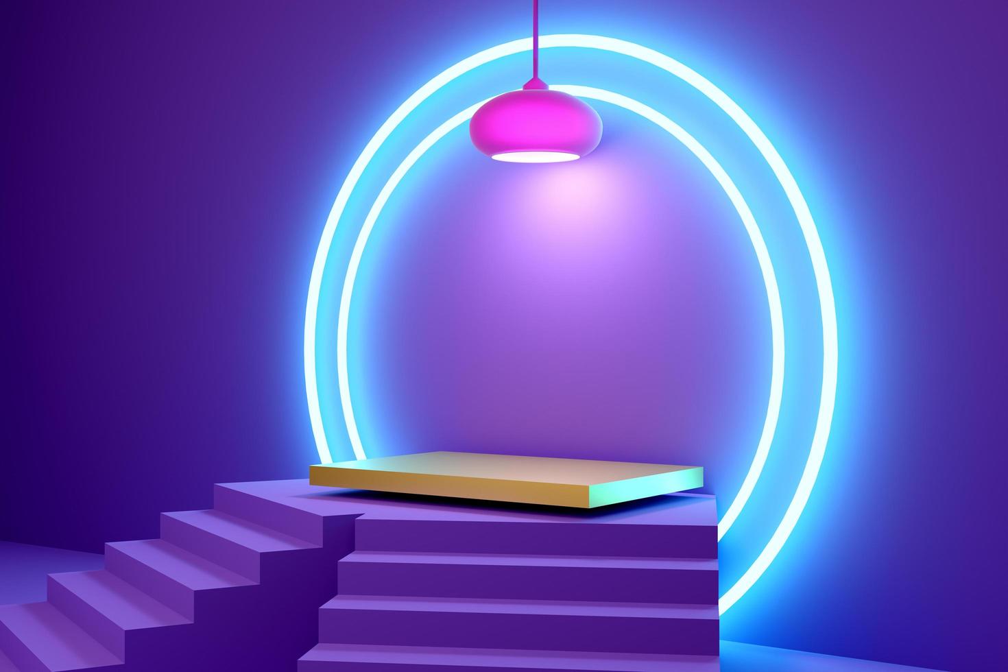 Podium with geometric shapes empty in purple or violet composition for modern stage display and minimalist mockup ,abstract showcase background ,Concept 3d illustration or 3d render photo