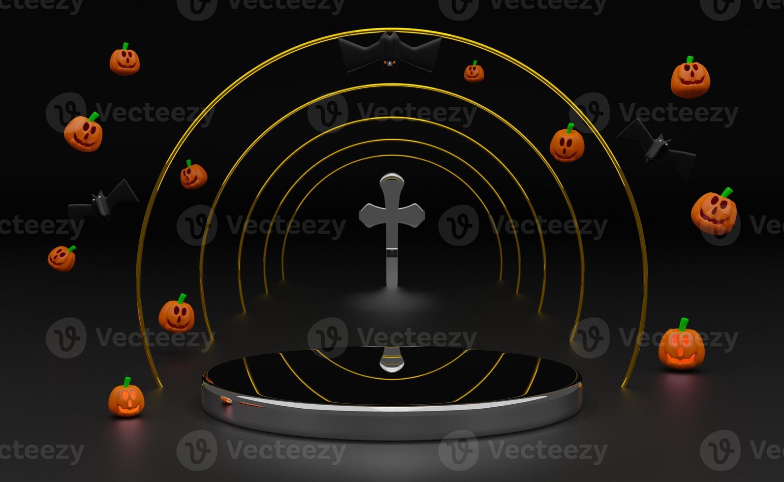 podium and float pumpkin with crystal cross for happy halloween ,modern stage display and minimalist mockup ,abstract showcase background ,Concept 3d illustration or 3d render photo