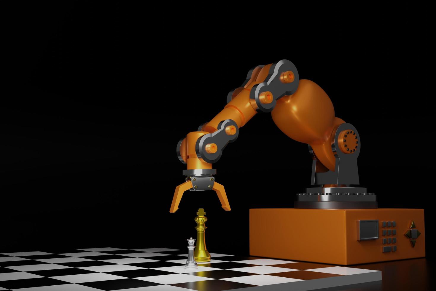 brazo robot con piezas de ajedrez y tablero sobre fondo negro, representación 3d foto