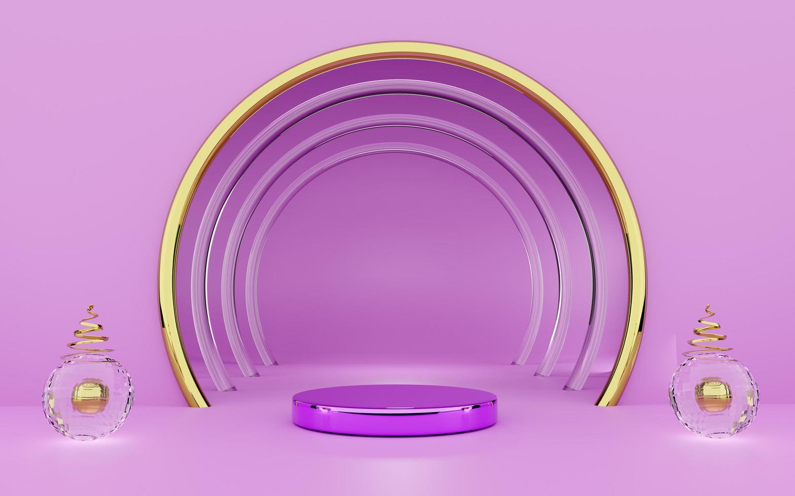 Podium with geometric shapes empty in purple or violet composition for modern stage display and minimalist mockup ,abstract showcase background ,Concept 3d illustration or 3d render photo