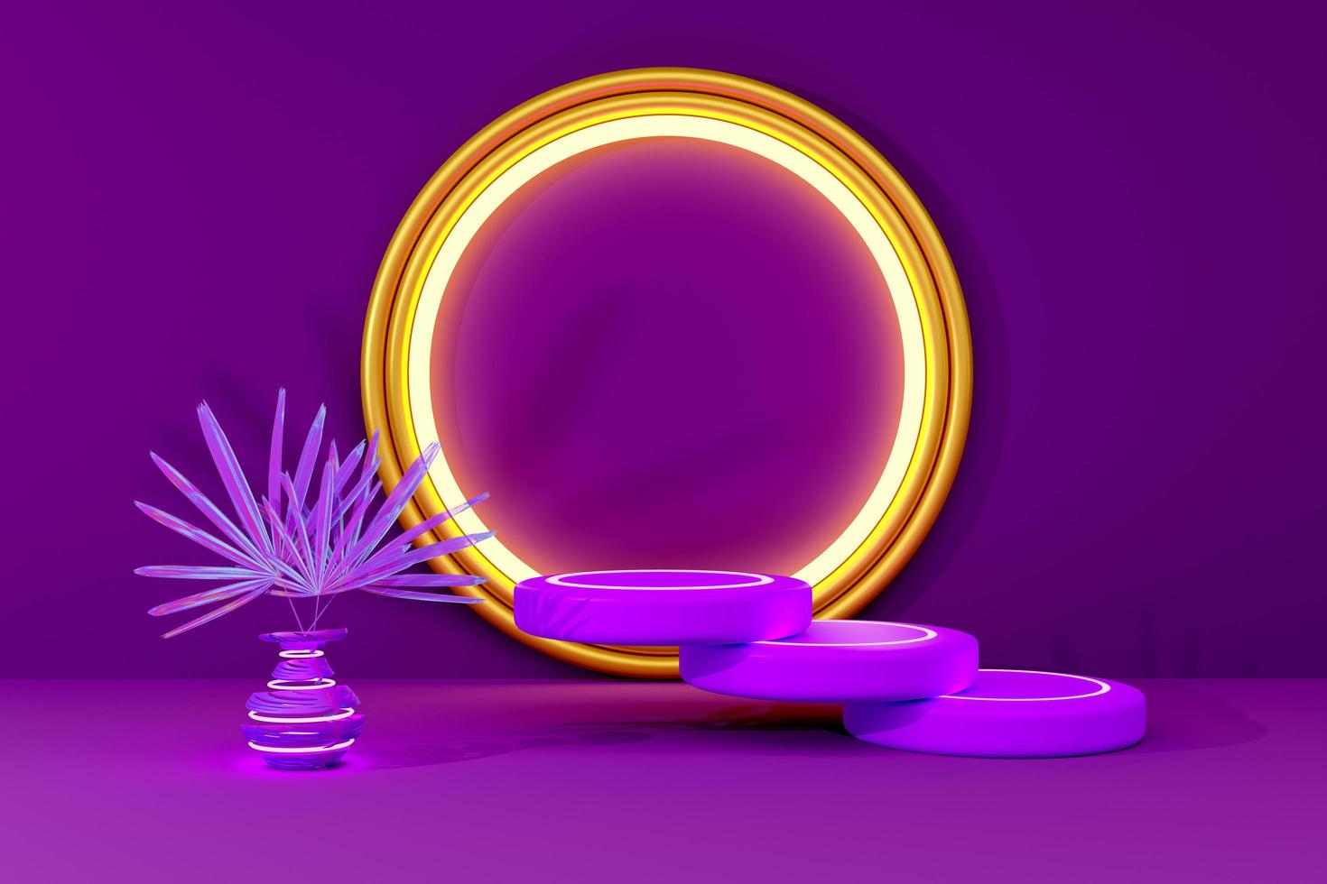 Podium with geometric shapes empty in purple or violet composition for modern stage display and minimalist mockup ,abstract showcase background ,Concept 3d illustration or 3d render photo