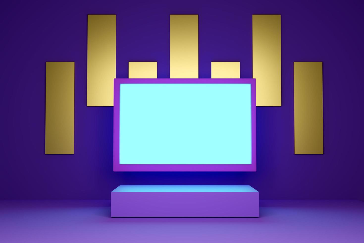 Podium with geometric shapes empty in purple or violet composition for modern stage display and minimalist mockup ,abstract showcase background ,Concept 3d illustration or 3d render photo