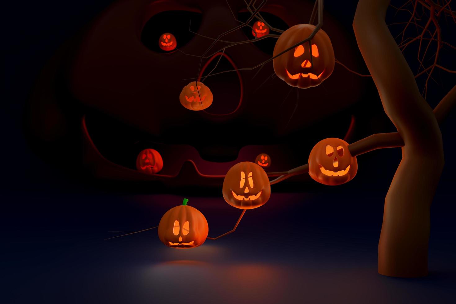 jack o linterna asustada y luz de velas en calabaza en el cementerio para feliz halloween, ilustración conceptual 3d o presentación 3d foto