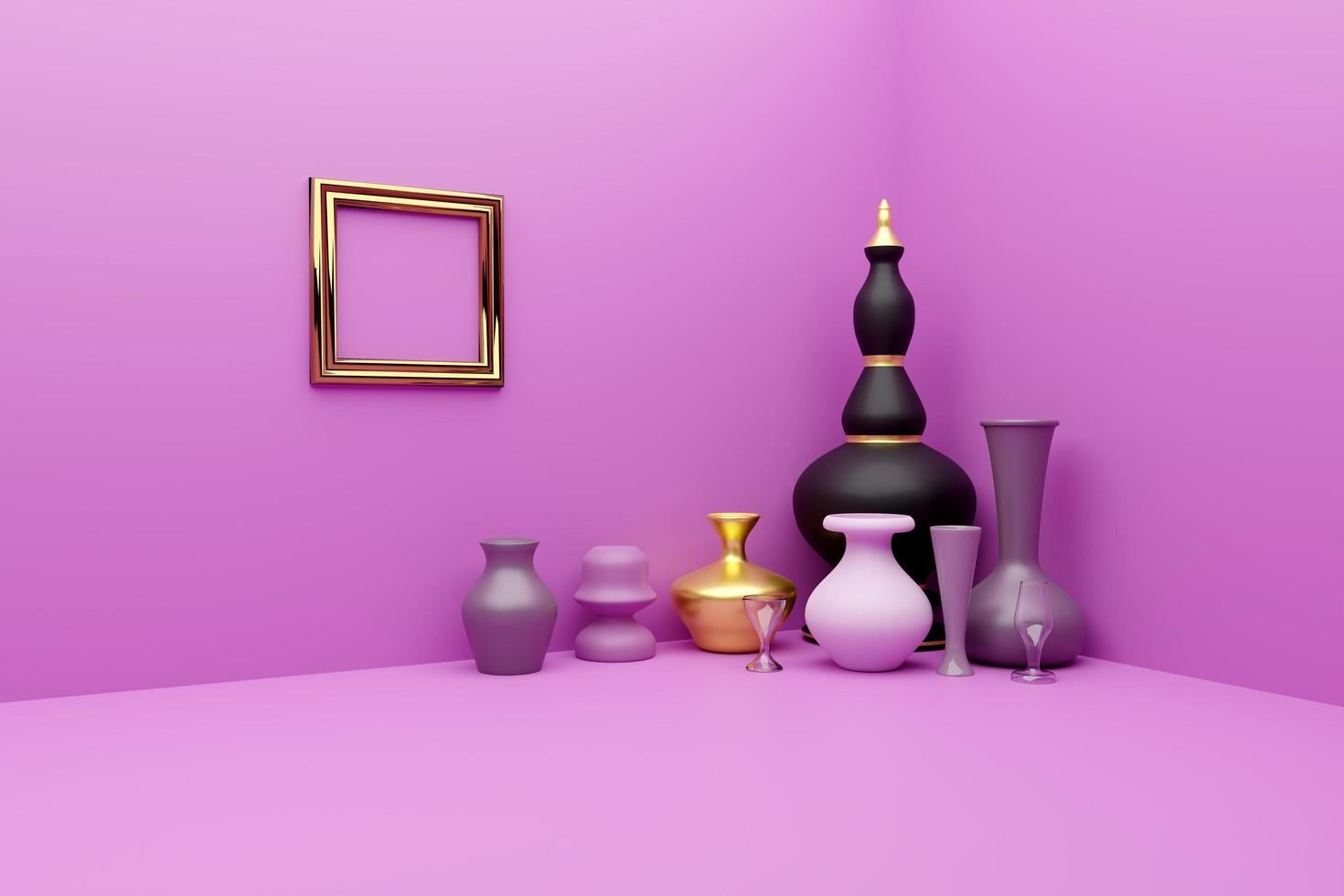 formas geométricas vacías y cerámica en composición púrpura o violeta para exhibición de escenario moderno y maqueta minimalista, fondo de escaparate abstracto, ilustración conceptual 3d o renderizado 3d foto