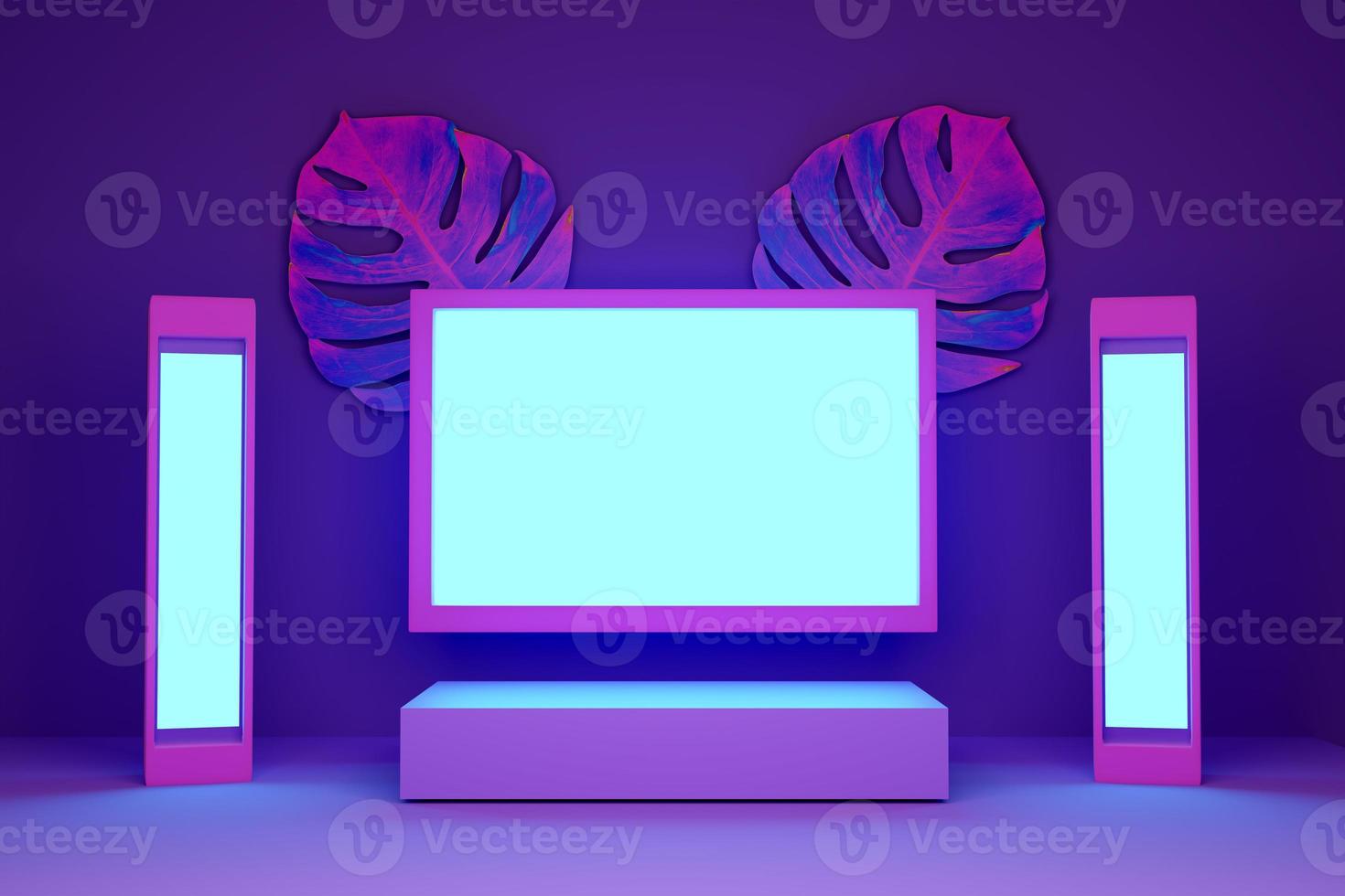 Podium with geometric shapes empty in purple or violet composition for modern stage display and minimalist mockup ,abstract showcase background ,Concept 3d illustration or 3d render photo
