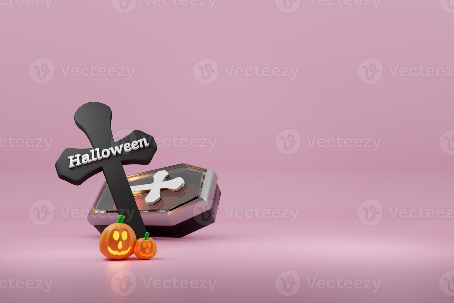 candle light in pumpkin with transparent glass coffin for happy halloween ,Concept 3d illustration or 3d render photo