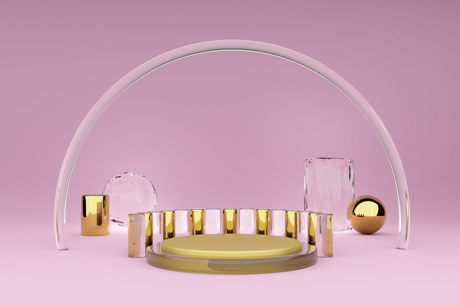 Podium with geometric shapes empty in pink composition for modern stage display and minimalist mockup ,abstract showcase background ,Concept 3d illustration or 3d render photo