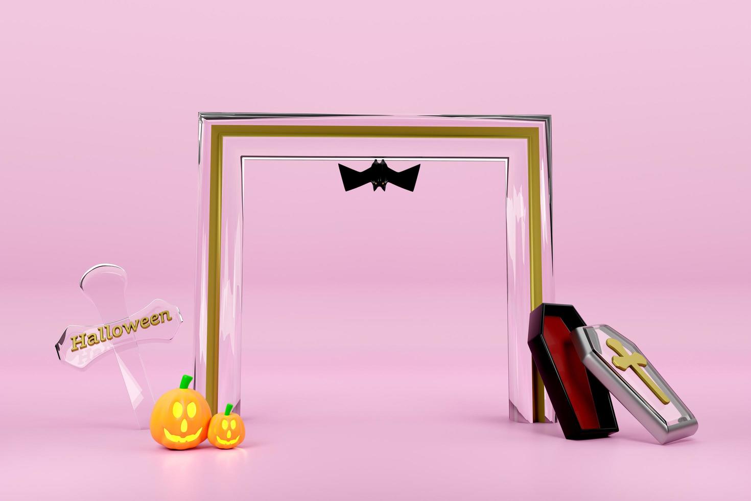 candle light in pumpkin with transparent glass coffin and geometric shapes for happy halloween ,Concept 3d illustration or 3d render photo