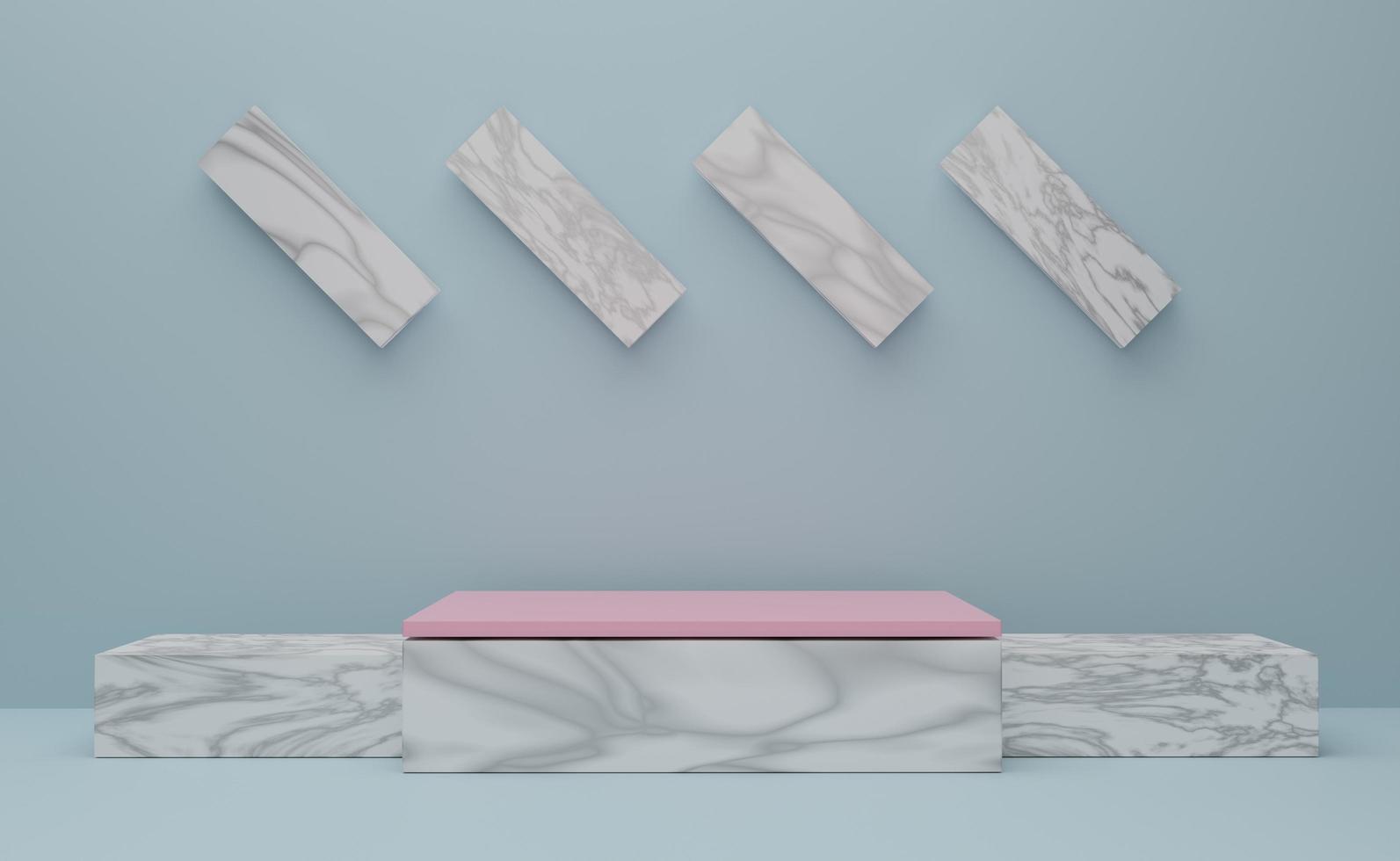 Podium empty with geometric shapes  in sky blue pastel composition for modern stage display and minimalist mockup ,abstract showcase background ,Concept 3d illustration or 3d render photo