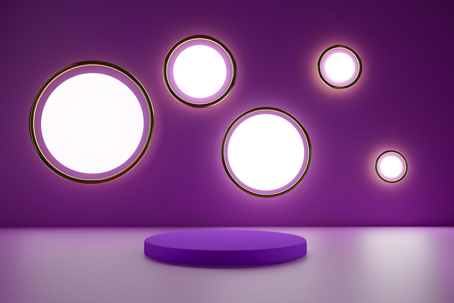 Podium with geometric shapes empty in purple or violet composition for modern stage display and minimalist mockup ,abstract showcase background ,Concept 3d illustration or 3d render photo