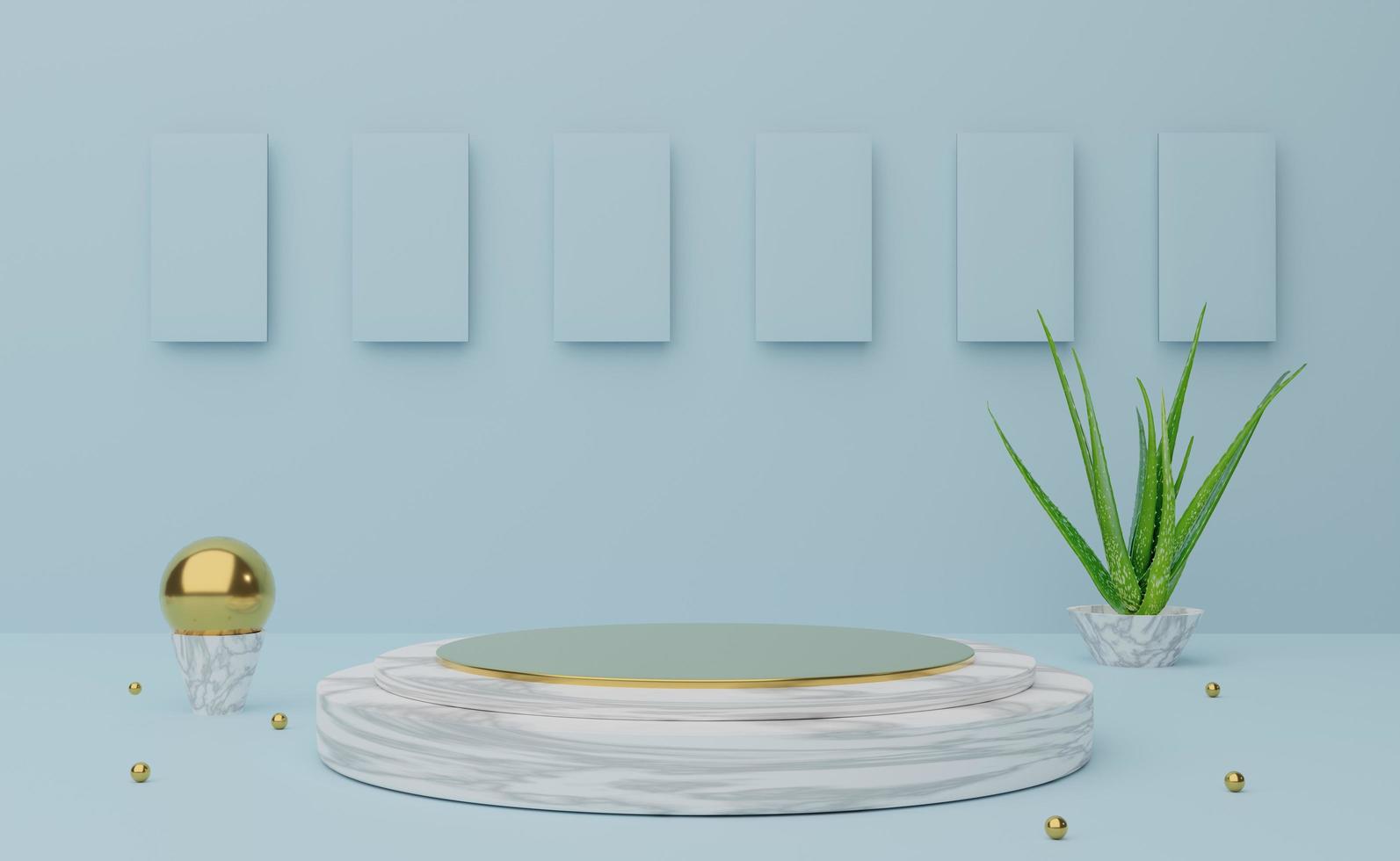 Podium empty with geometric shapes  in sky blue pastel composition for modern stage display and minimalist mockup ,abstract showcase background ,Concept 3d illustration or 3d render photo