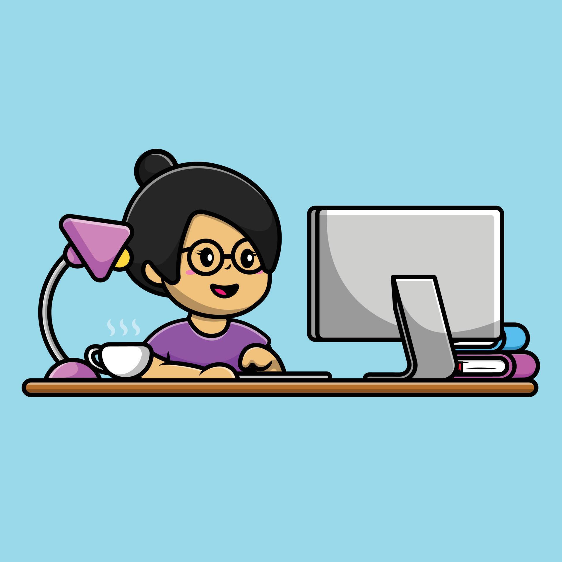 Cute Girl Working On Computer Cartoon Vector Icon Illustration. People ...