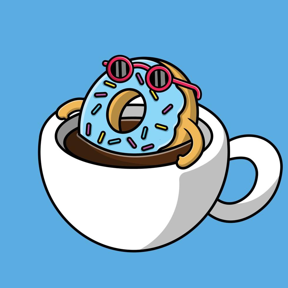 lindo donut nadando en la ilustración de icono de vector de dibujos animados de taza de café. concepto de icono de comida y bebida vector premium aislado.