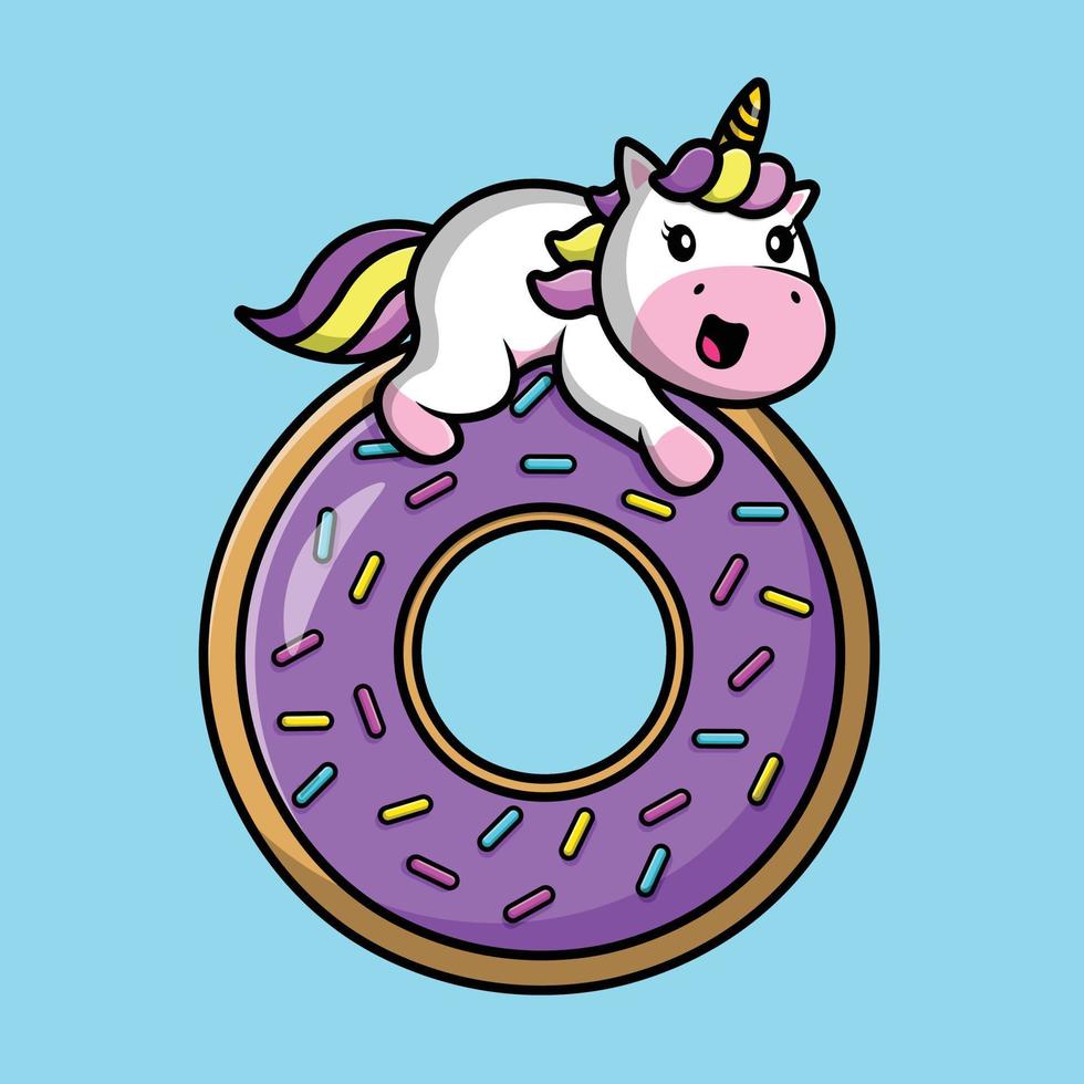 Cute Unicorn On Doughnut Cartoon Vector Icon Illustration. Animal Food Icon Concept Isolated Premium Vector.