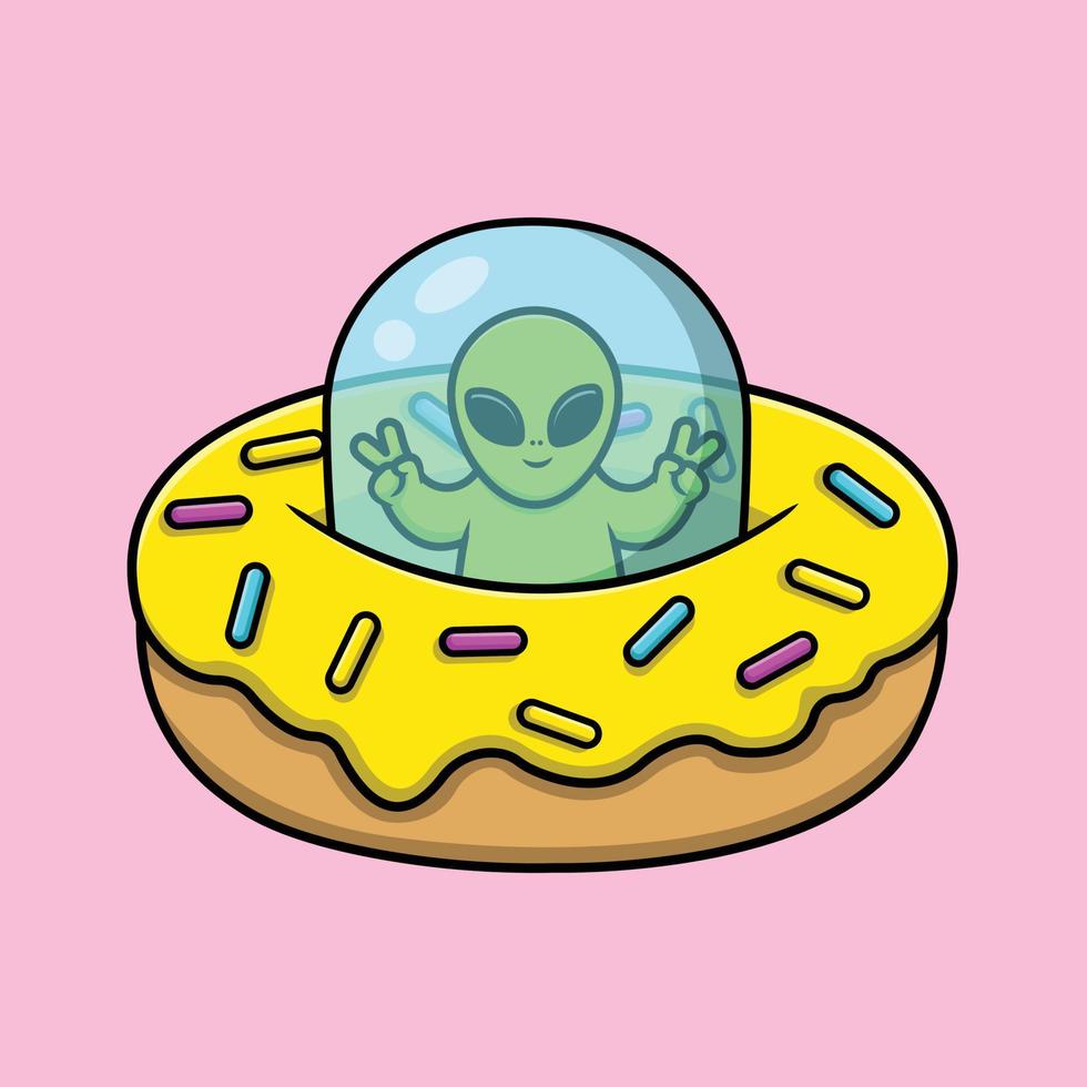 lindo alienígena montando donut ufo con paz mano dibujos animados vector icono ilustración. ciencia comida icono concepto aislado vector premium.