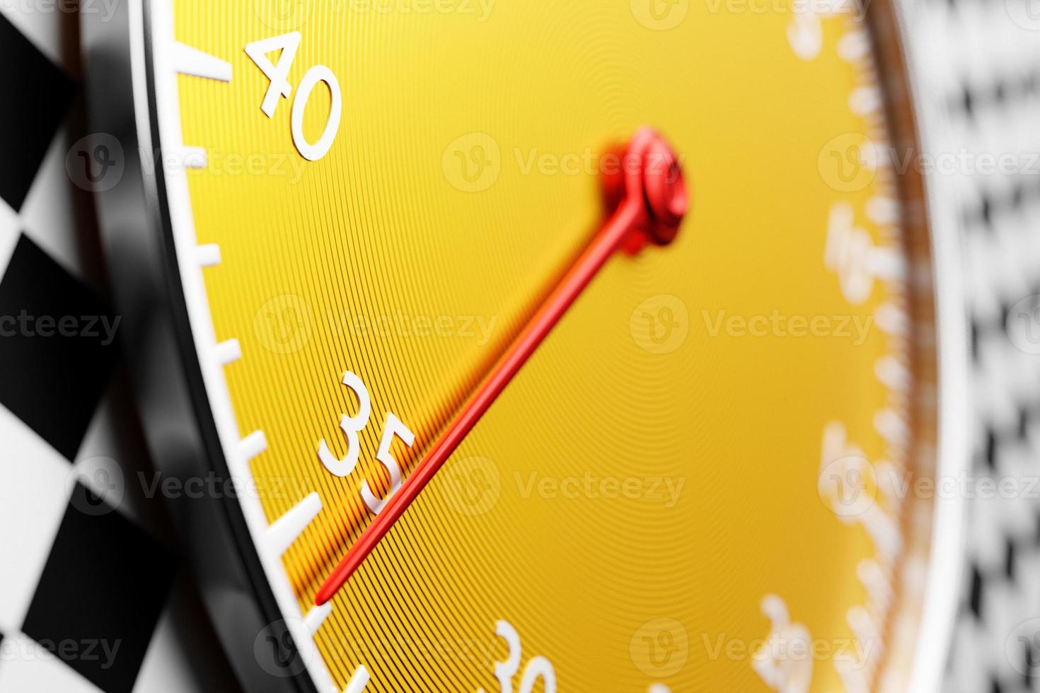3d illustration  close up  of  black  round clock, stopwatch shows the number 35  on a black and white checkered  background. Chronometer, vintage timer photo