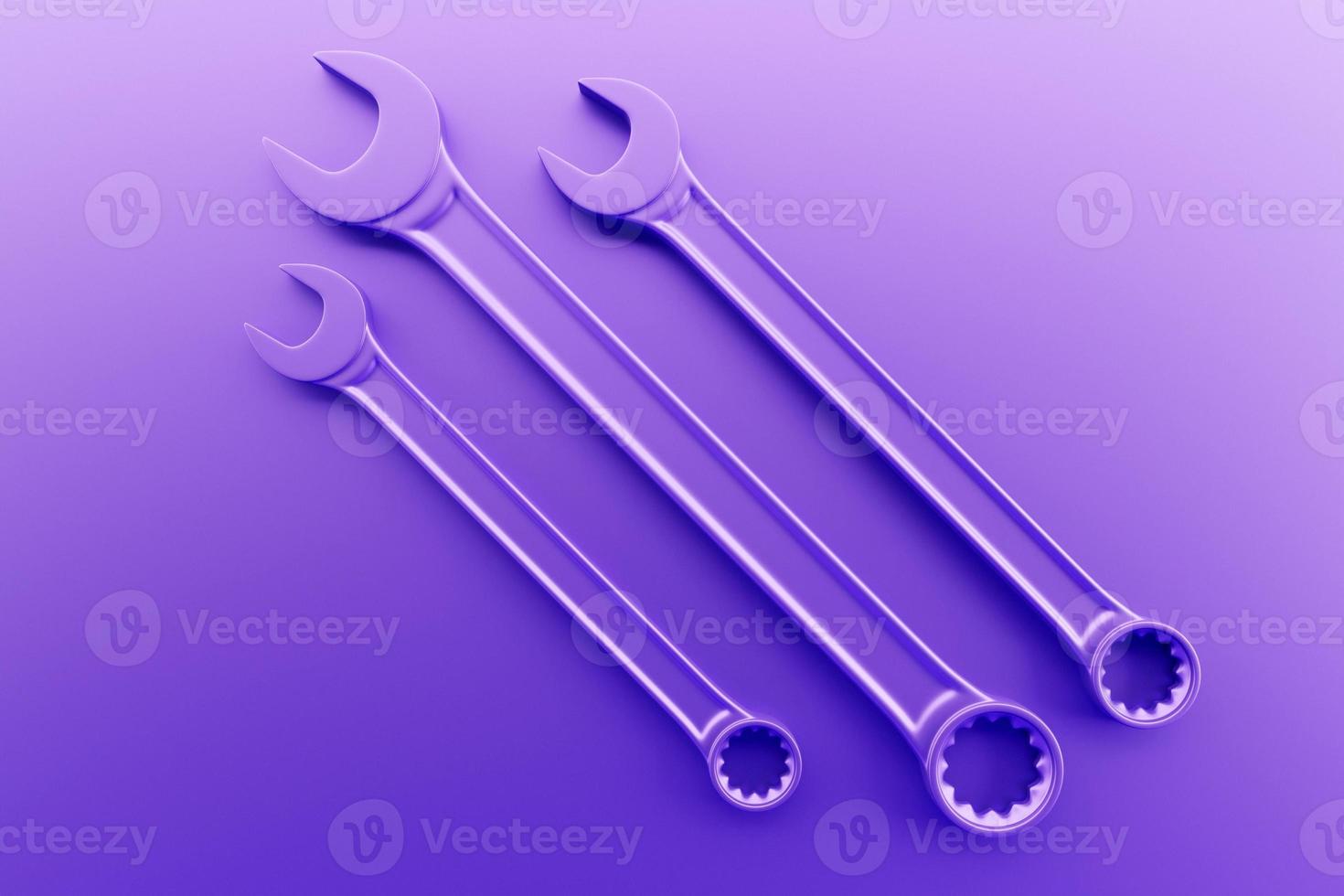 3D illustration of a   purple wrench  hand tool isolated on a monocrome background. 3D render and illustration of repair and installation tool photo