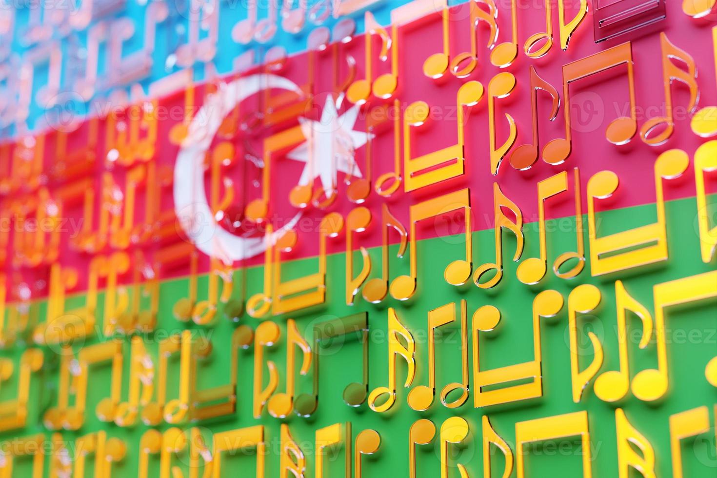 Musical notes lined up in even rows against the backdrop of the National Flag of Azerbaijan. The concept of the national anthem, music photo