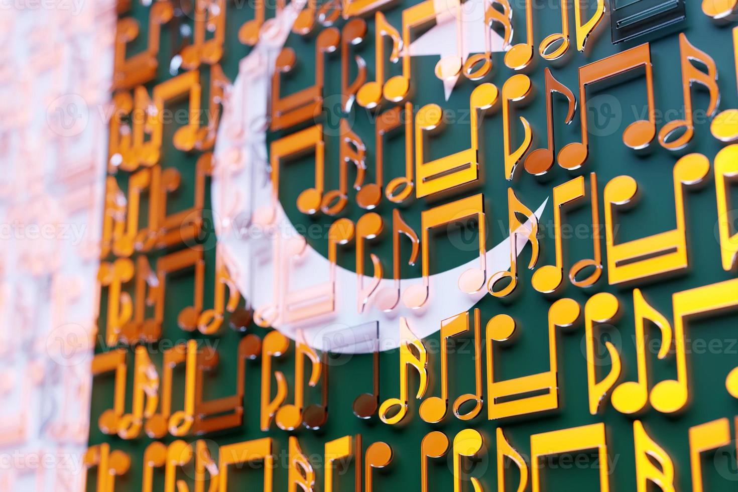 Musical notes lined up in even rows against the backdrop of the National Flag of  Pakistan . The concept of the national anthem, music. 3D illustration photo