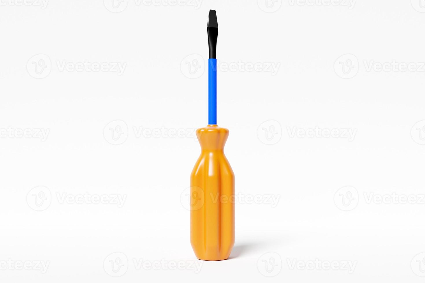 3D illustration of a screwdriver with a yellow handle in cartoon style on a white isolated background. Hand carpentry tool for DIY shop. photo