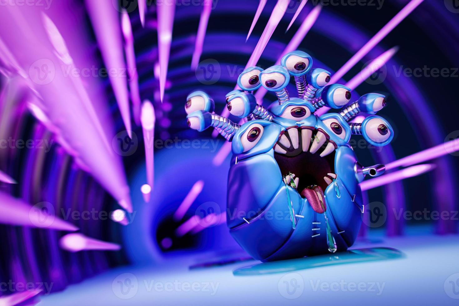 La ilustración 3d de un monstruo azul aterrador se arrastra rápidamente por el pasillo con miedo. monstruo divertido para el diseño de los niños foto