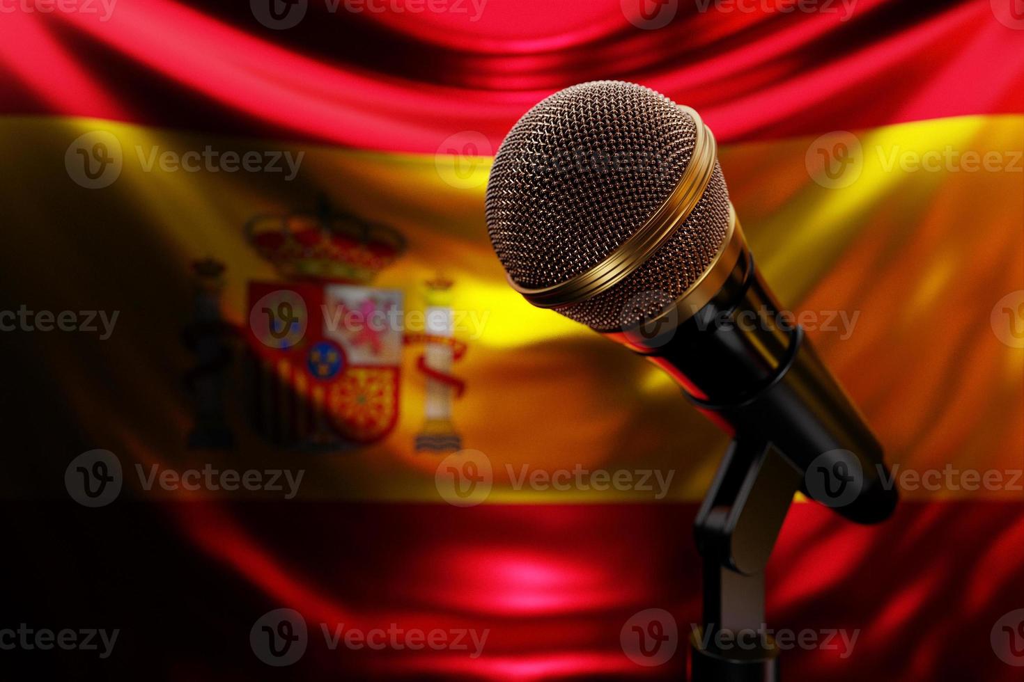 Microphone on the background of the National Flag of Spain, realistic 3d illustration. music award, karaoke, radio and recording studio sound equipment photo