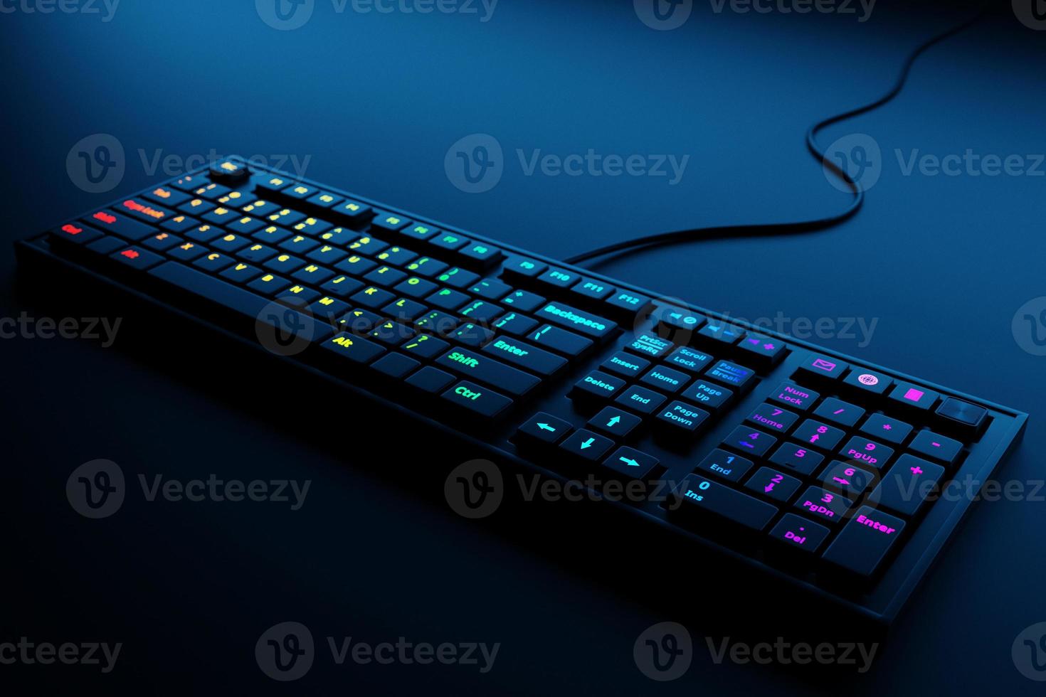 Computer RGB  keyboard  on black background. 3D rendering of streaming gear and gamer workspace concept photo
