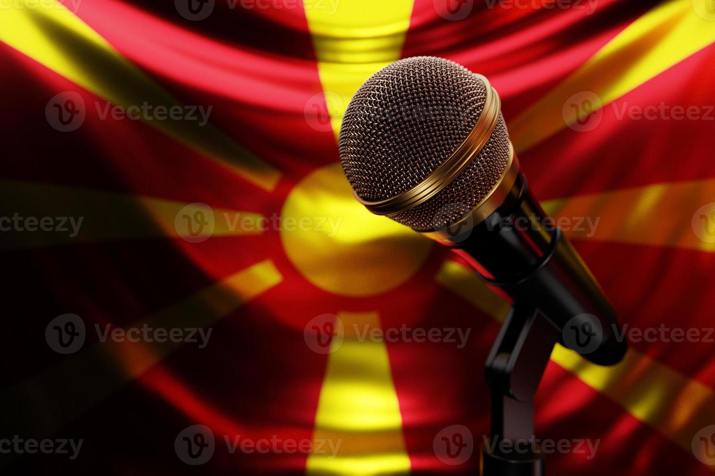 Microphone on the background of the National Flag of Macedonia, realistic 3d illustration. music award, karaoke, radio and recording studio sound equipment photo