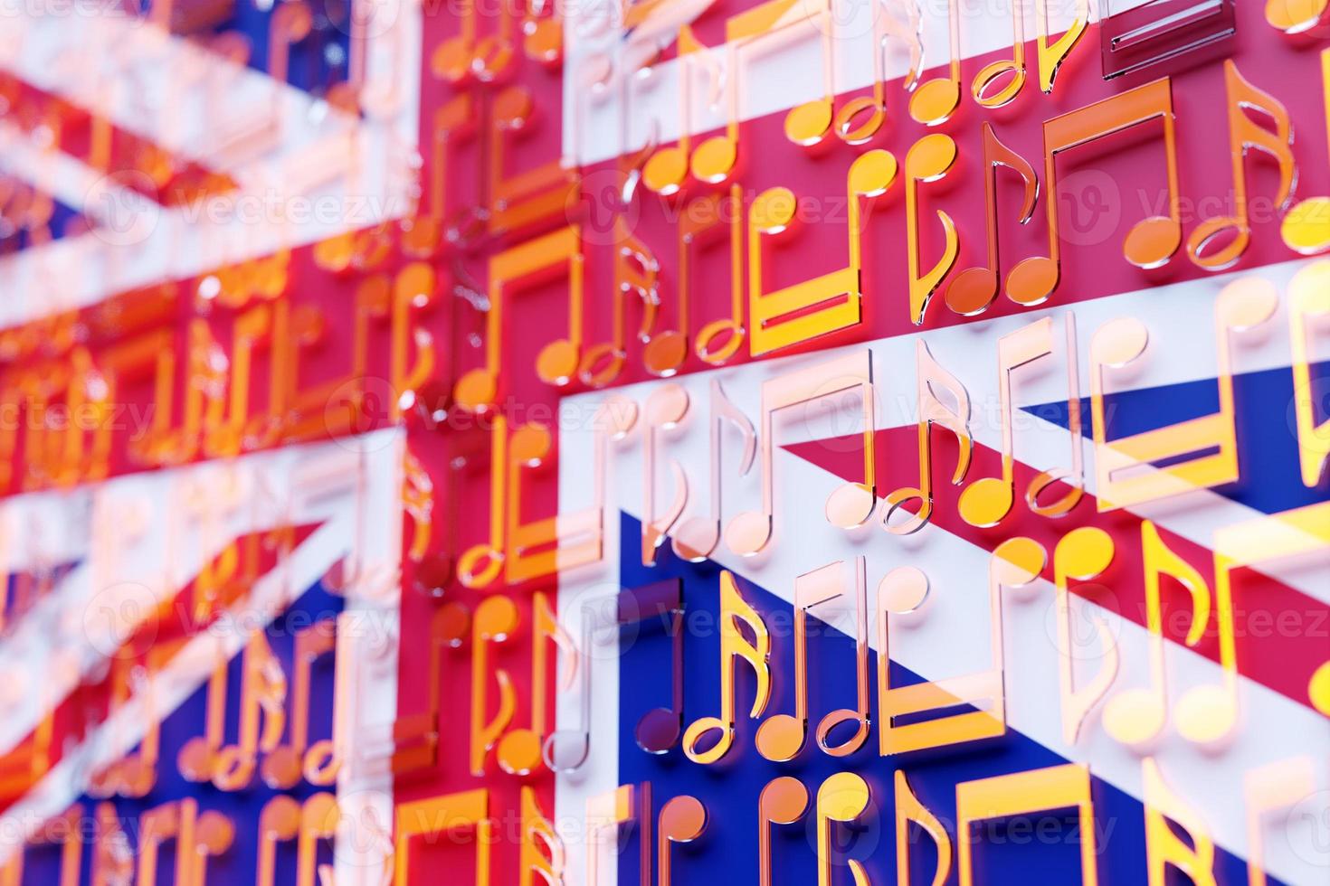 Musical notes lined up in even rows against the backdrop of the National Flag of United Kingdom. The concept of the national anthem, music photo